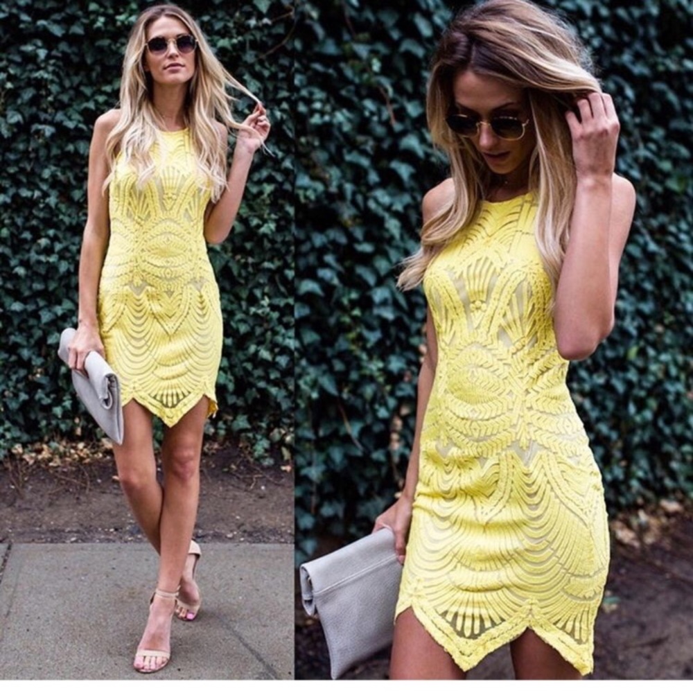 Yellow lace midi dress